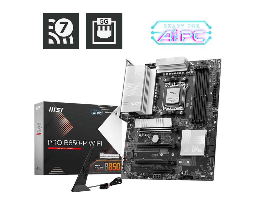  B850 ATX Motherboard: AM5 Socket For AMD Ryzen 7000/8000/9000 Series Processors<BR>4x DDR5, 4x SATA 6Gb/s, PCIe 5.0, 1x M.2 Gen5 + 2x M.2 Gen4, USB 3.2, 5GbE LAN, WiFi 7 + Bluetooth 5.4, Realtek 7.1 Audio, 1x HDMI  